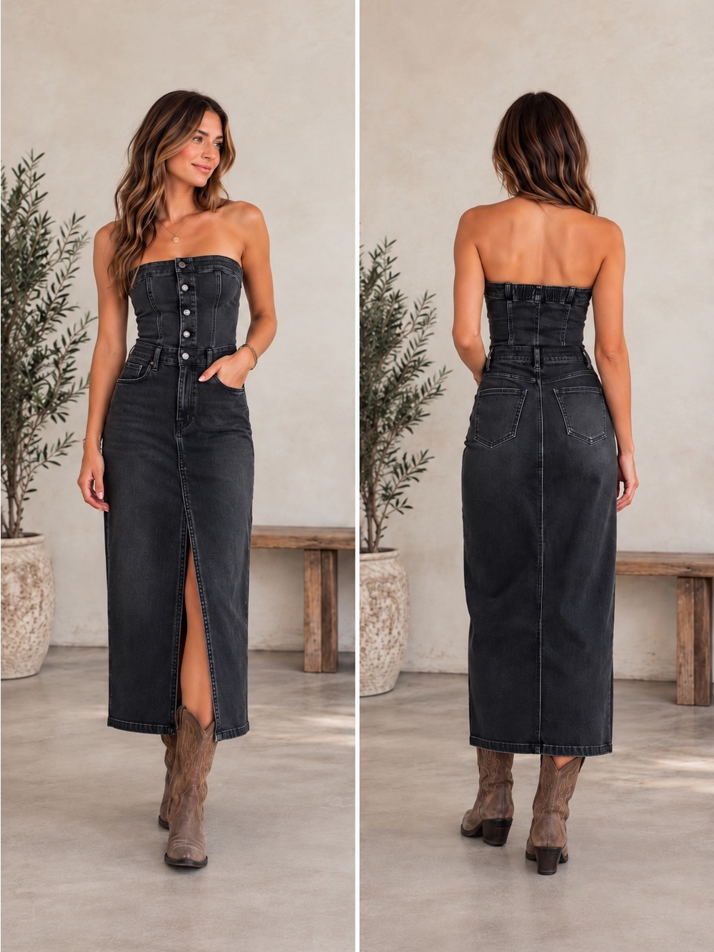 American Eagle Black Denim Strapless Maxi Dress Size 4 Corset Button Front